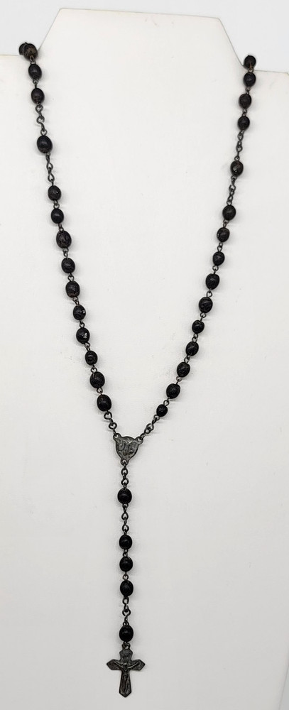 Catholic Bead Rosary Black Brown Crucifix INRI Medal Chains Silver Tone Vintage