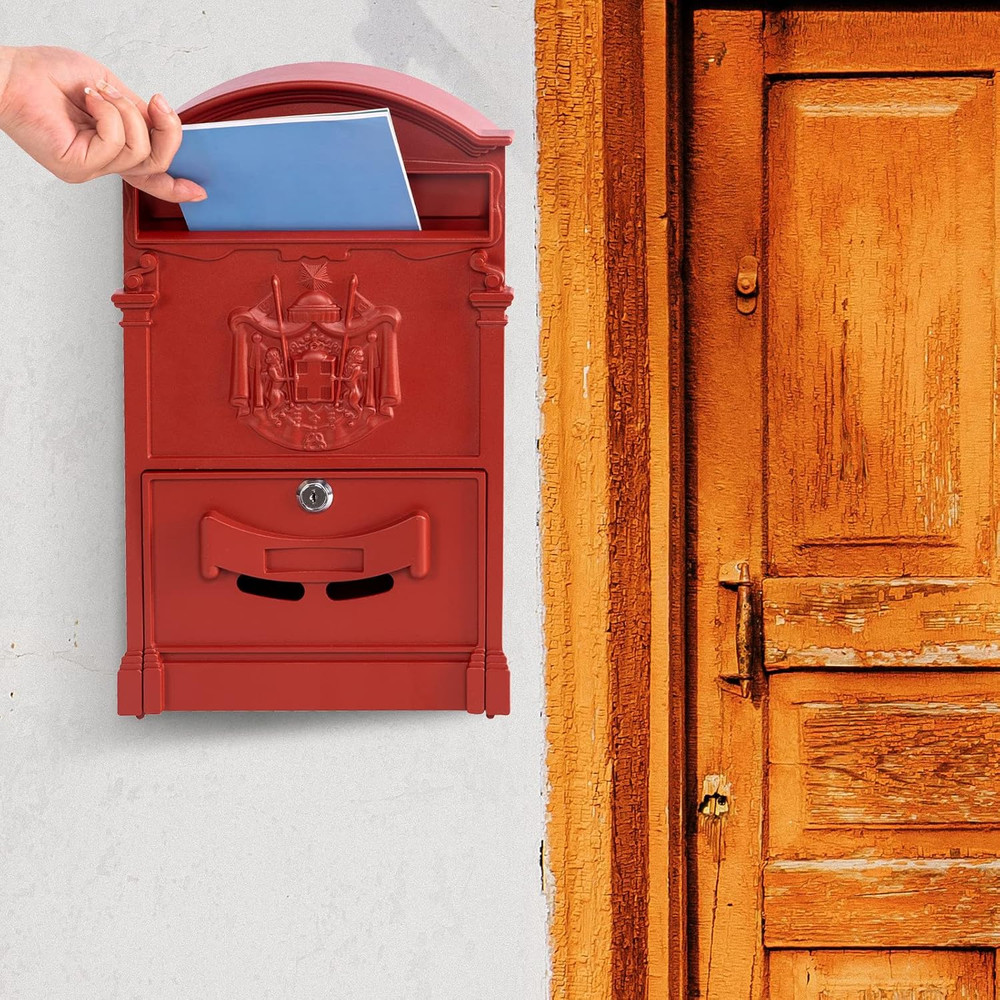 Rust-Resistant Locking Wall Mailbox - Vintage Red, Large Capacity Outdoor Decor