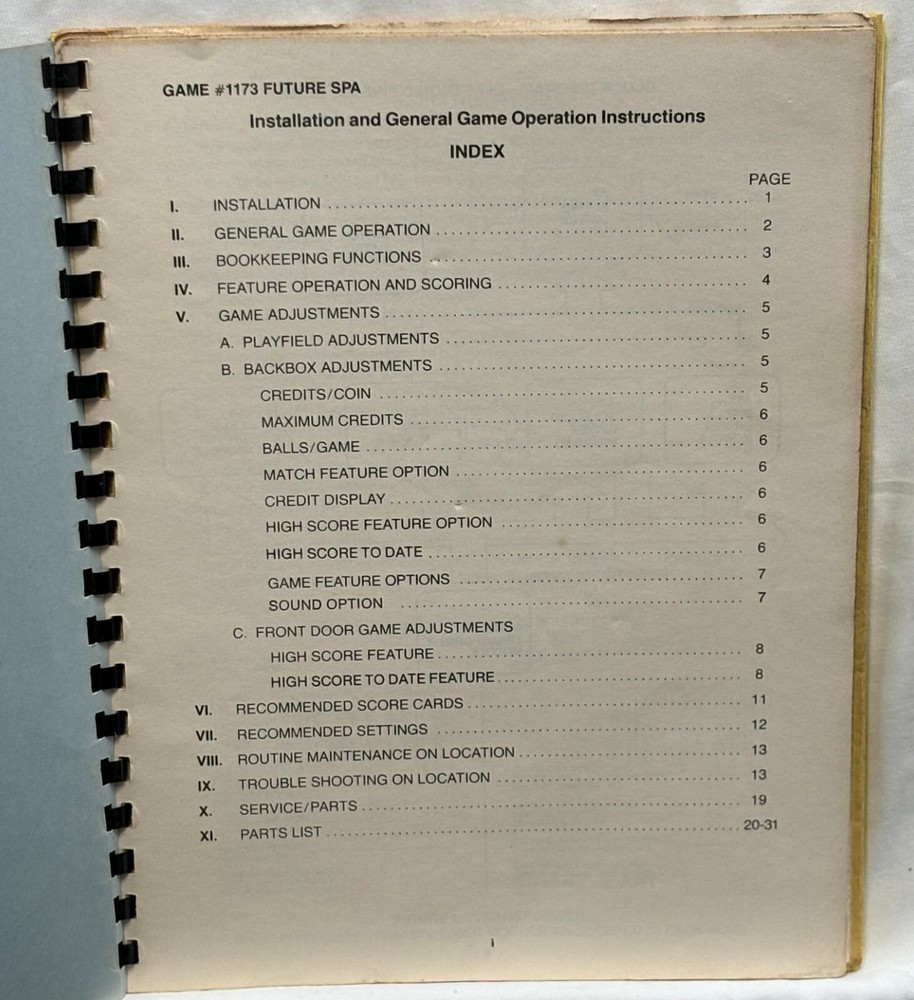ORIGINAL-BALLY-FUTURE SPA-INSTALLATION & GAME OPERATION INSTRUCTIONS