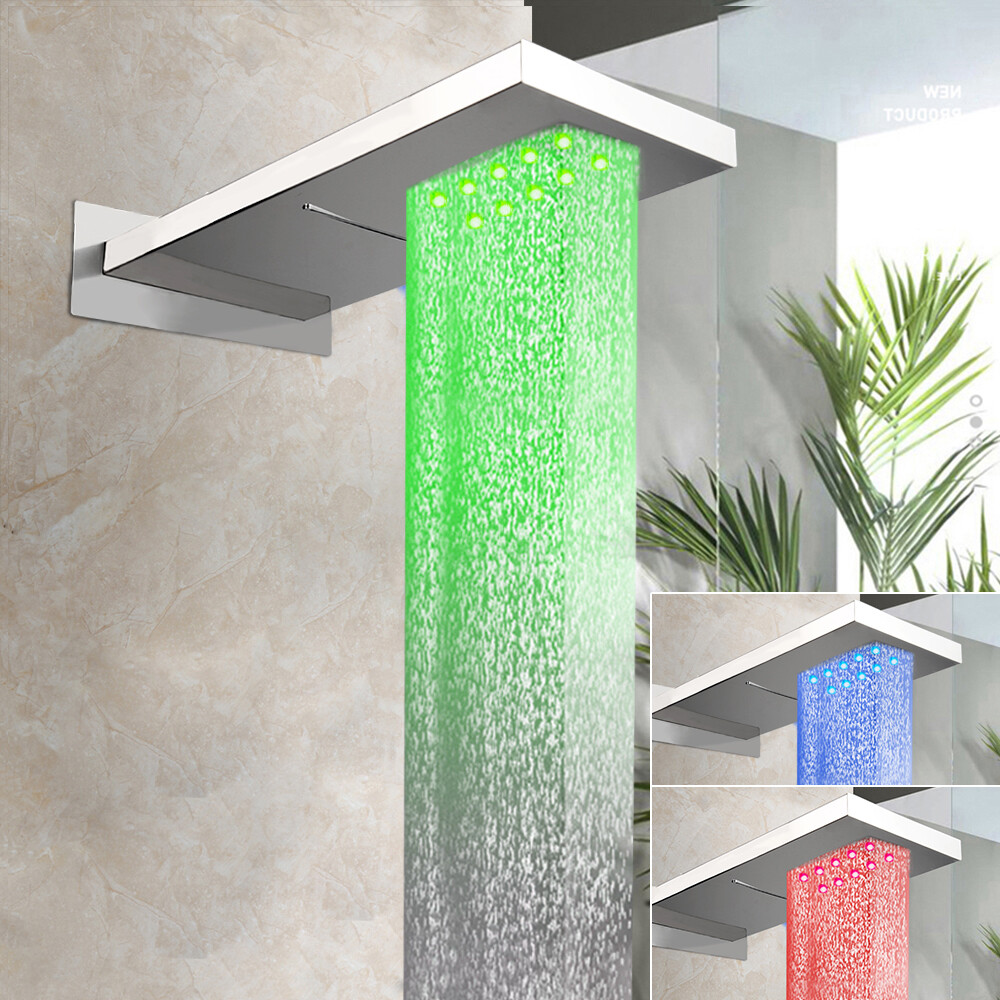 22" Chrome LED Shower Head Rectangular Rainfall/Waterfall Spout Faucet Mixer Tap