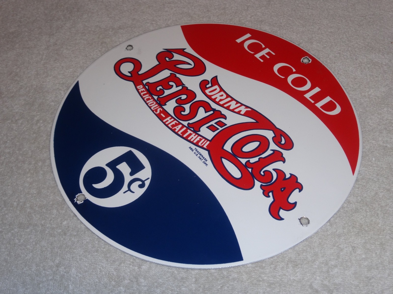VINTAGE DRINK PEPSI COLA 5 CENTS! 11 3/4" PORCELAIN METAL SODA GASOLINE OIL SIGN