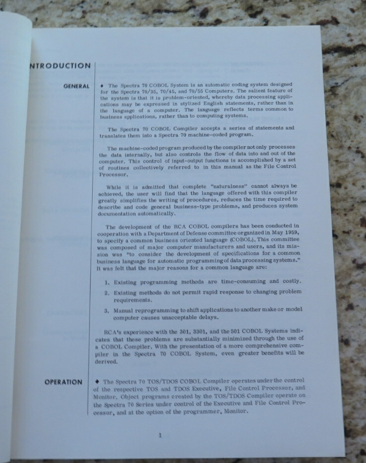 Vintage SPECTRA 70 RCA All Systems COBOL Reference Manual Dated 1969