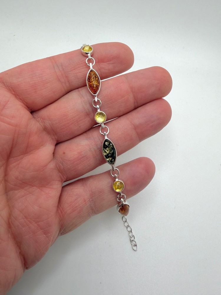 Sterling Silver Multicolor Baltic Amber Link Bracelet