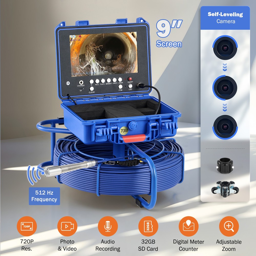 9" 32GB Self-Leveling Sewer Camera 70M Pipe Inspection Camera 512hz Transmitter