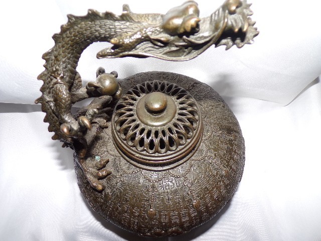 Antique Chinese Bronze Dragon Incense Burner Censer 9"