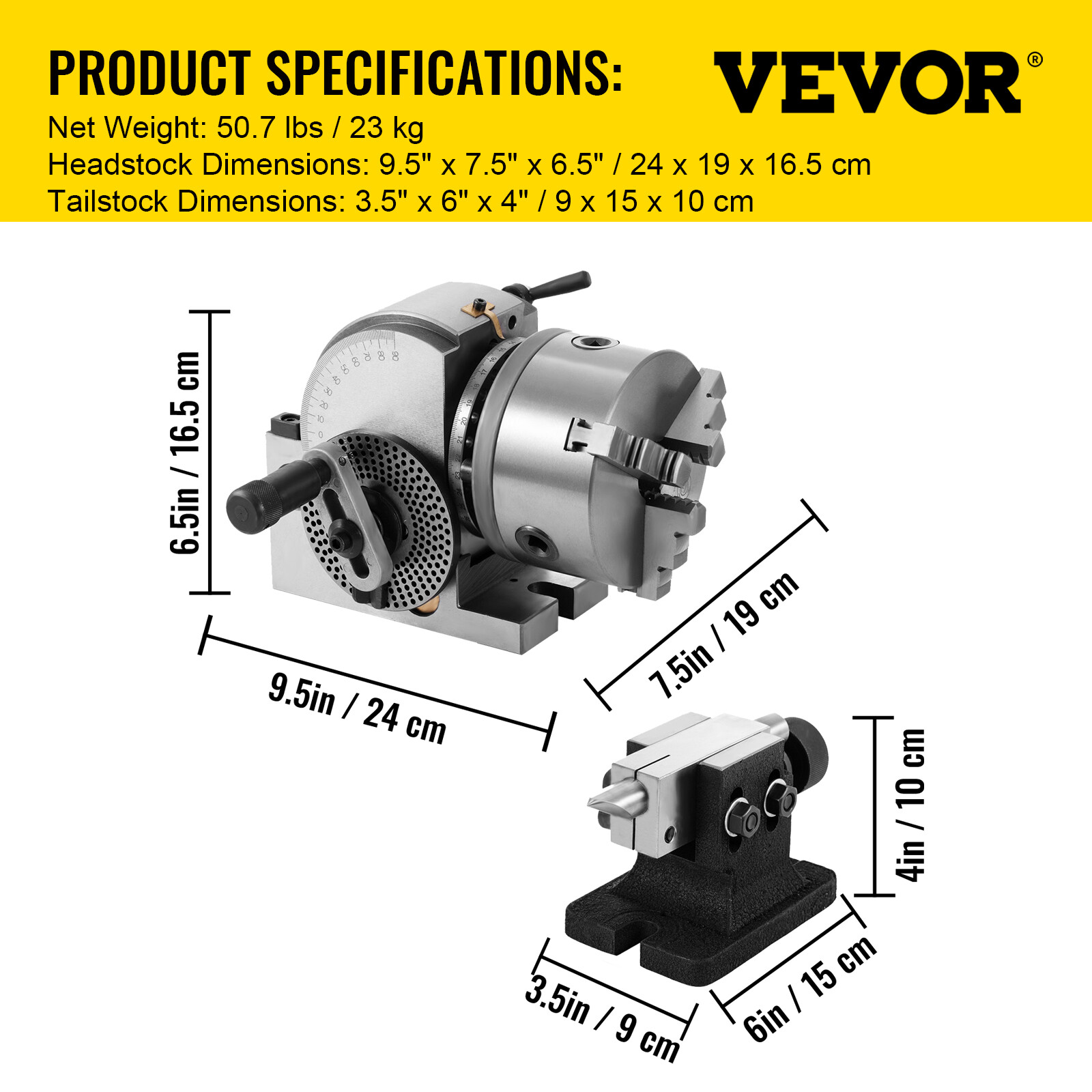 VEVOR BS-0 Semi 5" Indexing Dividing Head 3-Jaw Chuck Tailstock For CNC Milling