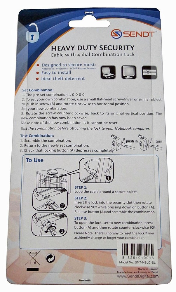 Sendt Notebook/Laptop Combination Lock Security Cable (Silver) Silver