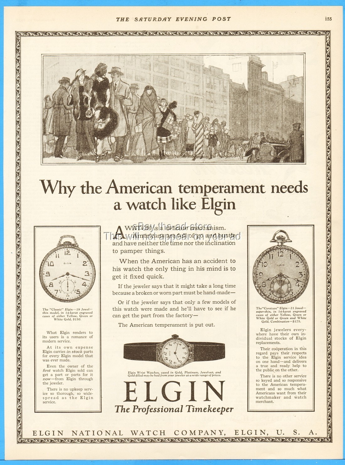 1923 Elgin National Watch American Temperament Classic Corsican Pocket Watch Ad