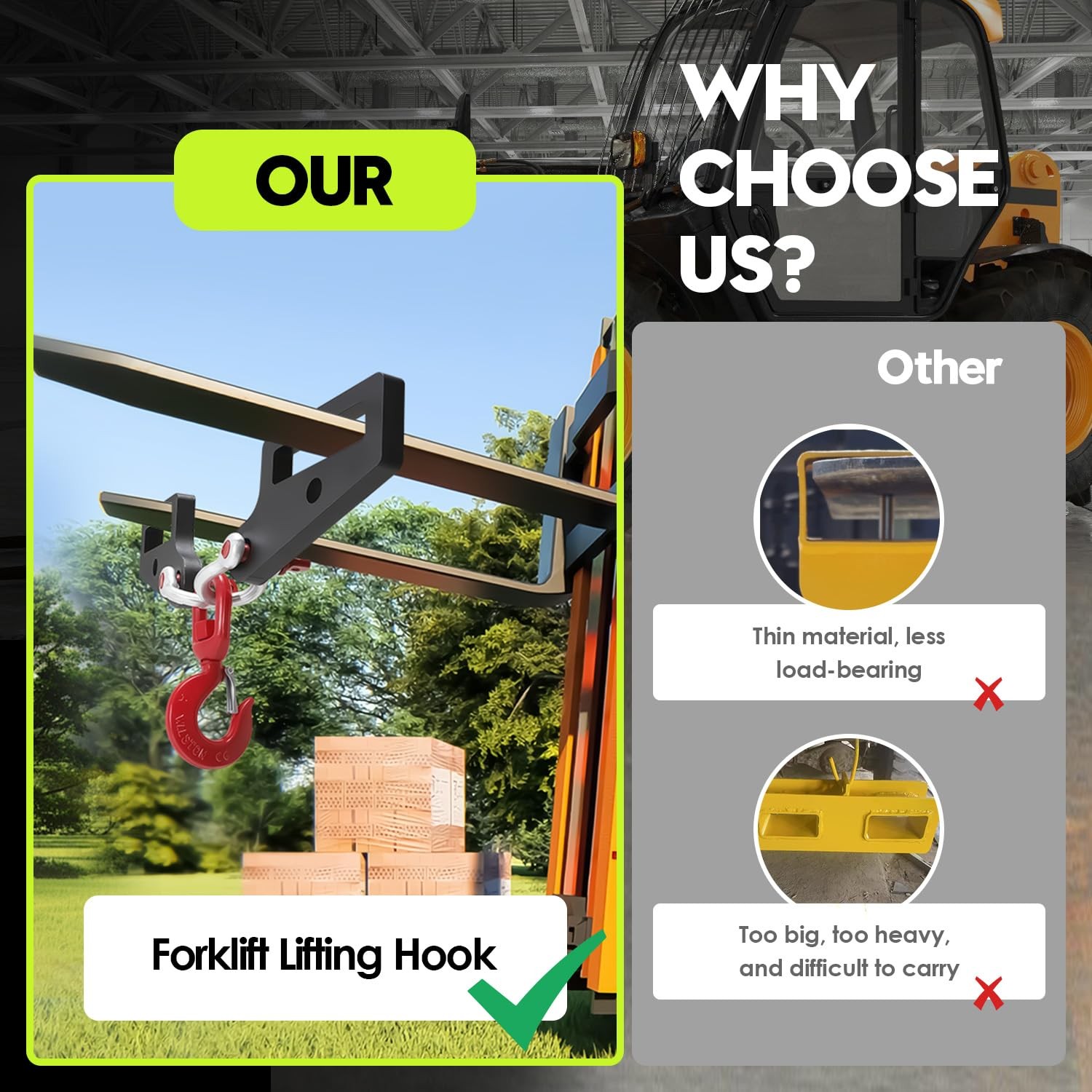 2-Pack Forklift Lifting Hook,Fork Lifting Attachment,Single Piece Load 6600 Lbs