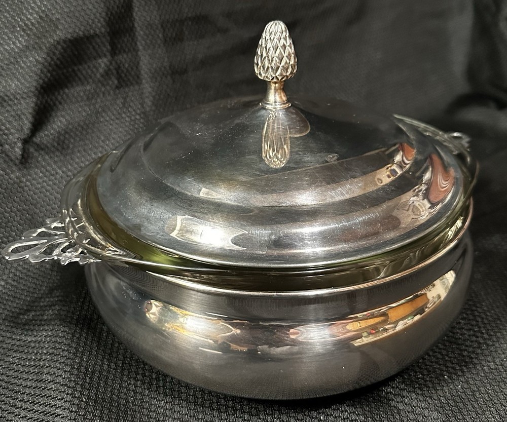 REED & BARTON Silverplate Covered Serving Dish With Pyrex Glass Insert VTG MCM
