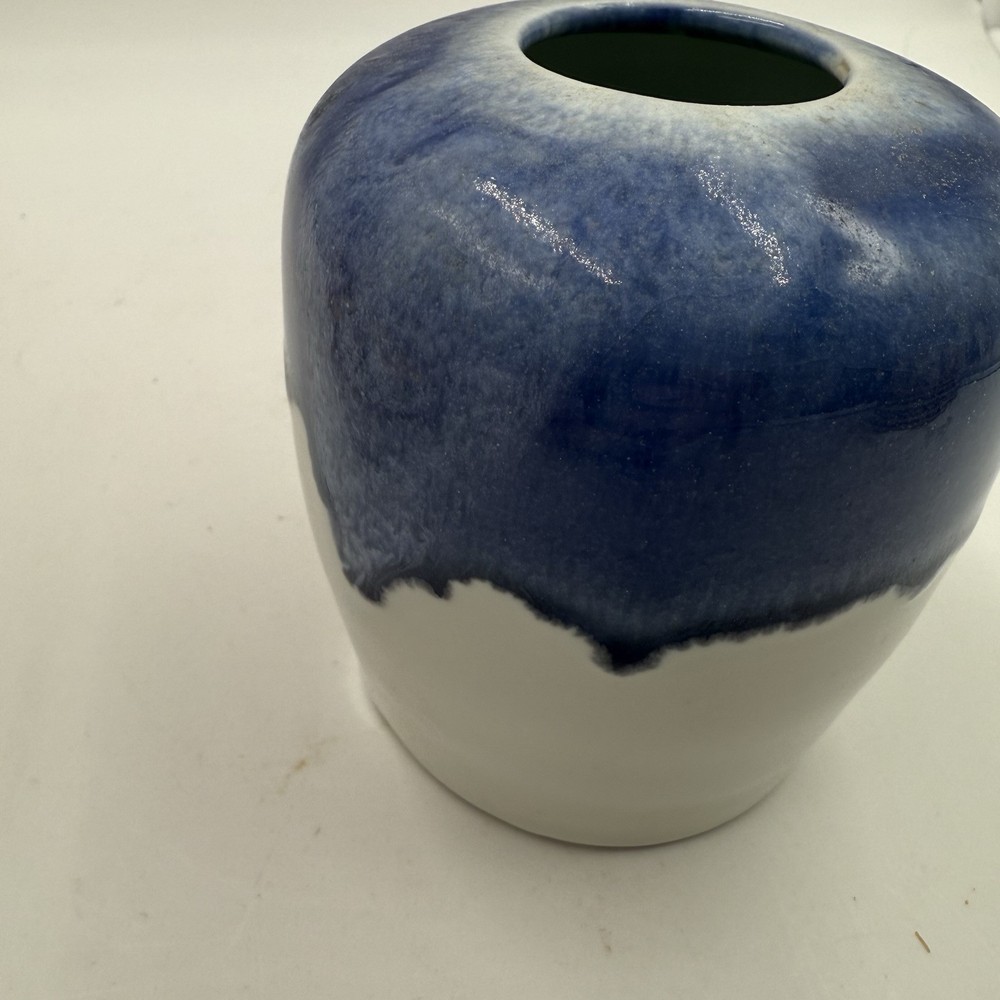 Blue & White Studio Art Pottery Vase, 4.25” Tall