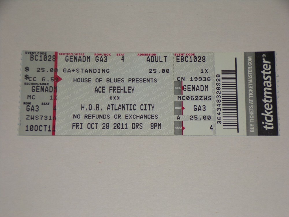 Kiss Full Ticket Stub ACE FREHLEY Solo Concert 2011 Tour BB Kings New York City