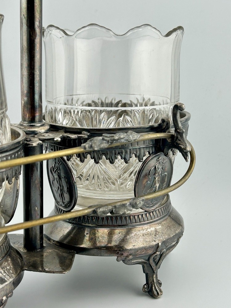 Antique Victorian Silver Plate Double Condiment Cruet EAPG Insert Pickle Fork