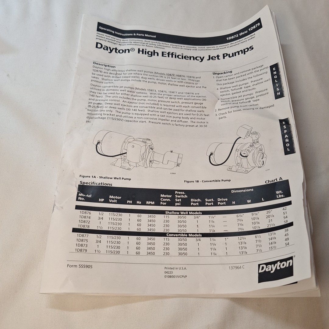 Dayton 1D877 Convertible Well Jet Pump 1/2 HP 1.25" Inlet 0.75" Discharge