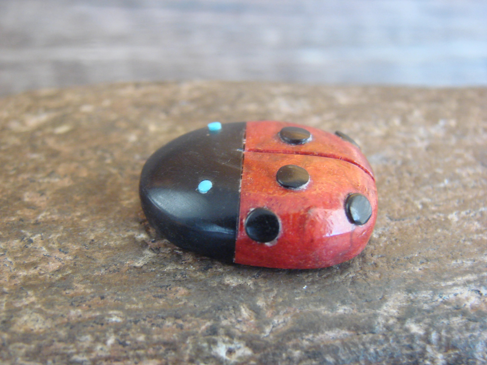 Native American Zuni Hand Carved Coral Ladybug Fetish by Lonasee