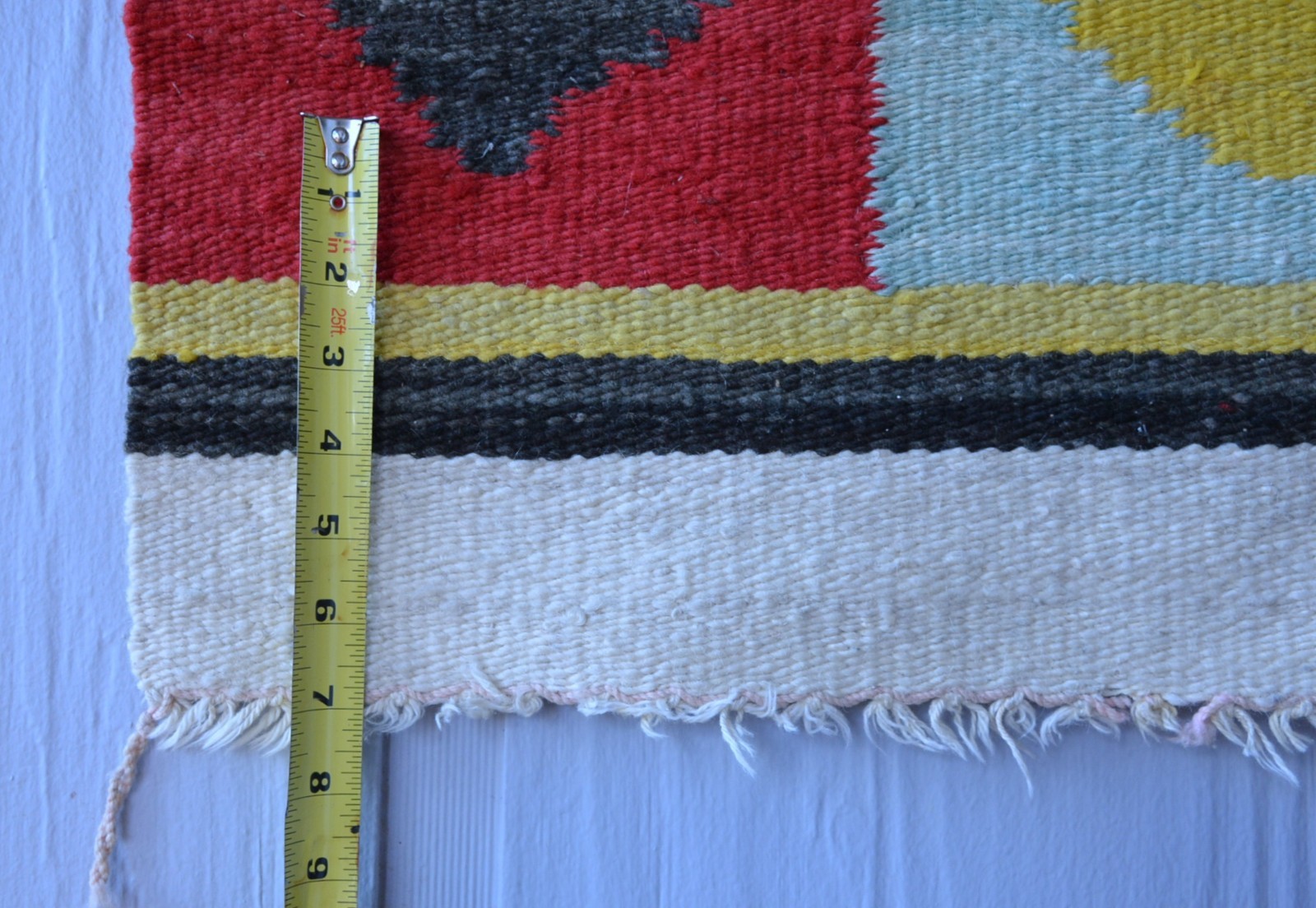 Unique Old Navajo Rug - Optical Design in Turquoise Yellow Red Black - 39" x 19"