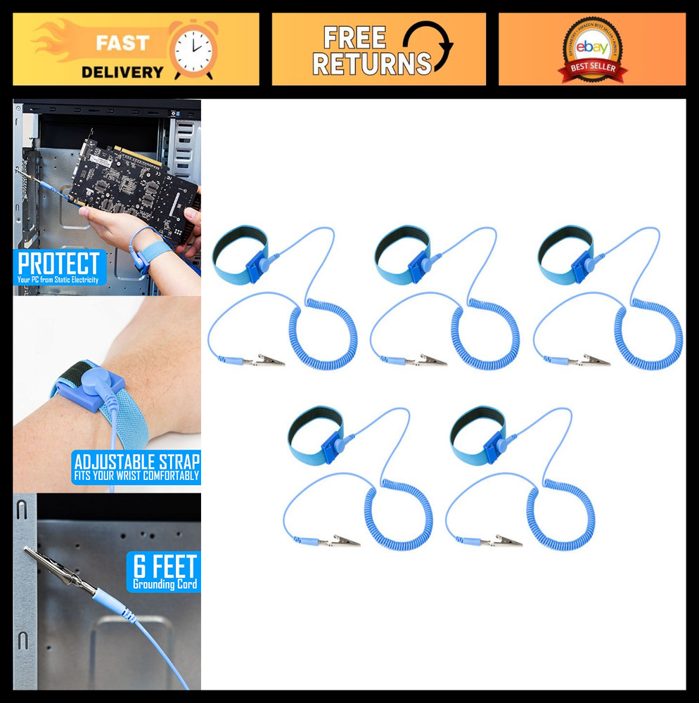 Adjustable Anti-Static Wrist Strap 5 Pack - ESD Grounding Bands for PC & Electro