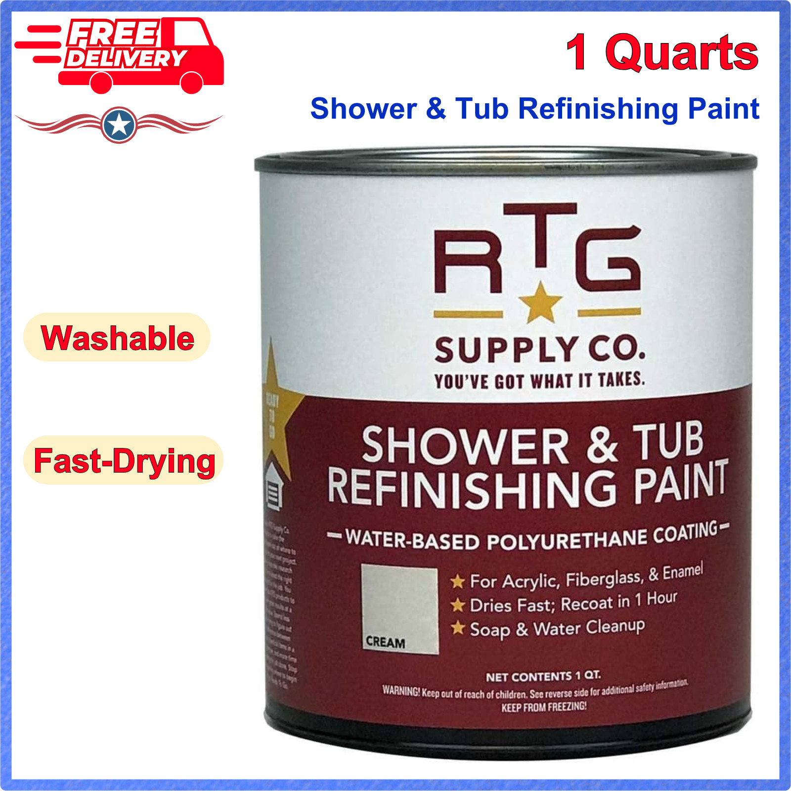 RTG Shower & Tub Refinishing Paint, Scratch Resistant, Cream Satin, 1QT, DIY Use