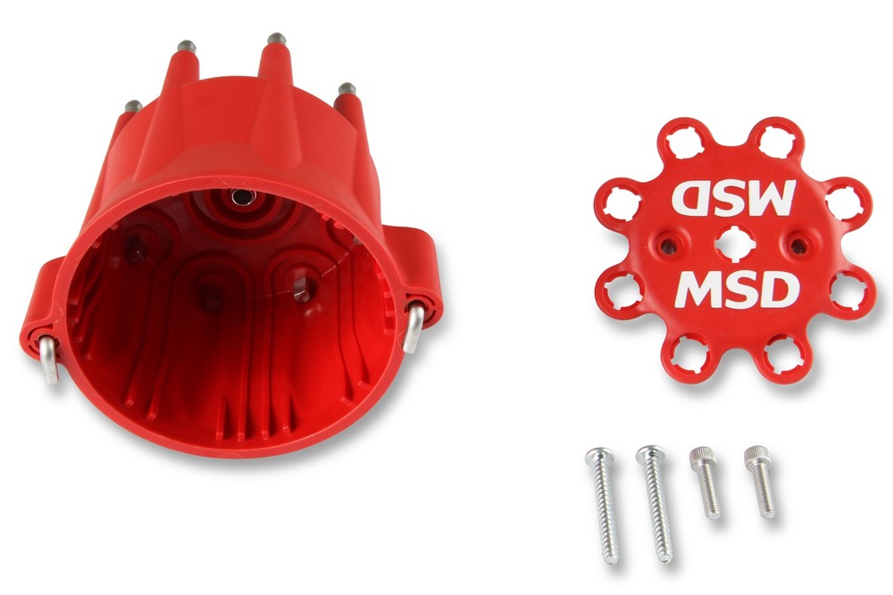 8433 MSD Distributor Cap - V8 - HEI Terminals - Red - Spark Plug Wire Retainer