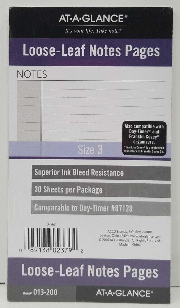 AT-A-GLANCE Loose-Leaf Notes Pages, 87128 DAY-TIMER, Refill, #013-200, Size 3