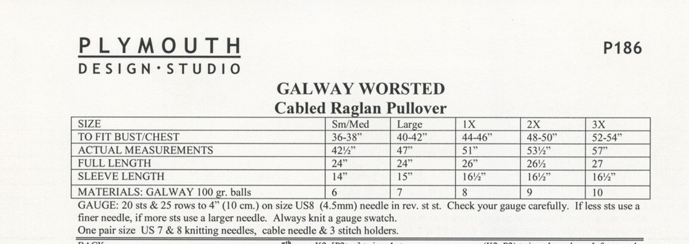 Cabled Raglan Pullover Plymouth Yarn KNITTING PATTERN P186 Larger Sizes Included
