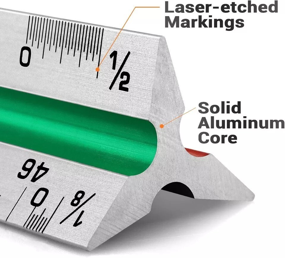12" Architectural Scale Ruler Aluminum Architect Scale Triangular Scale Ruler