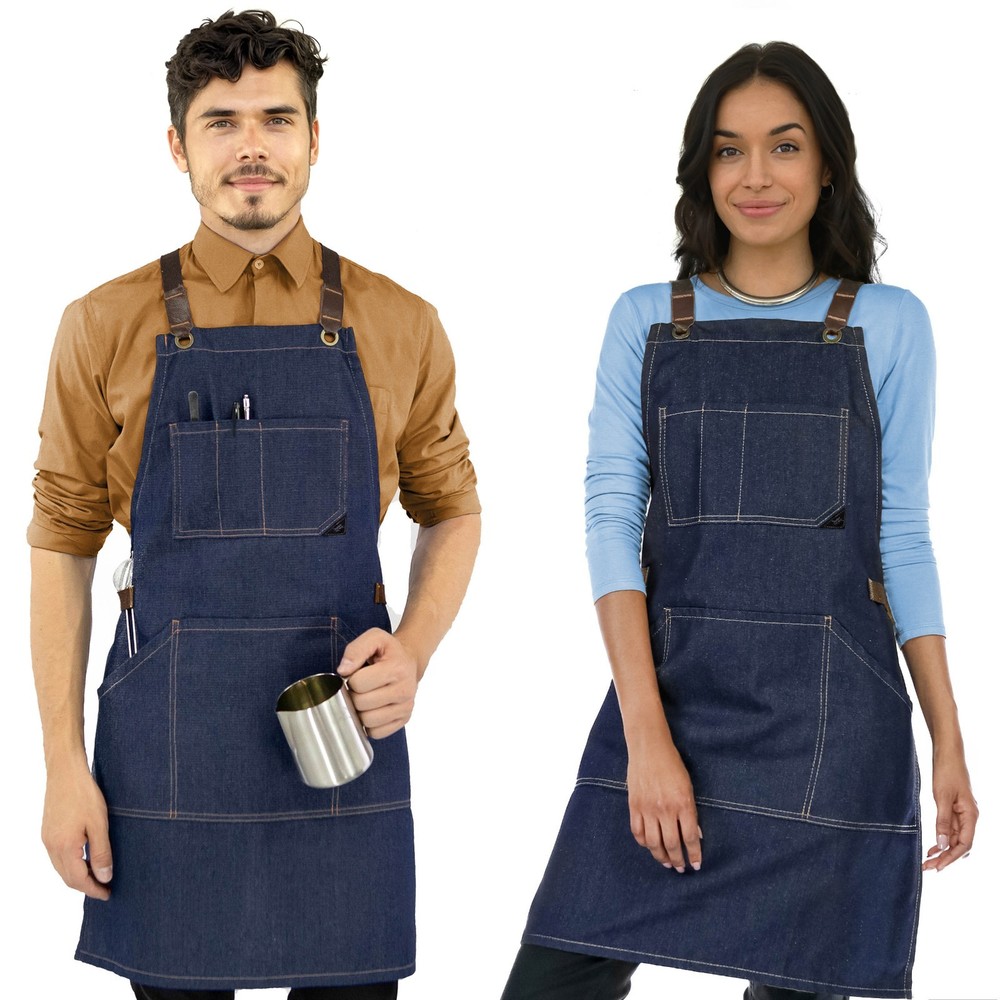Work Apron - Pro Denim or Twill, Leather Trim, CrossBack - Chef, Bartender