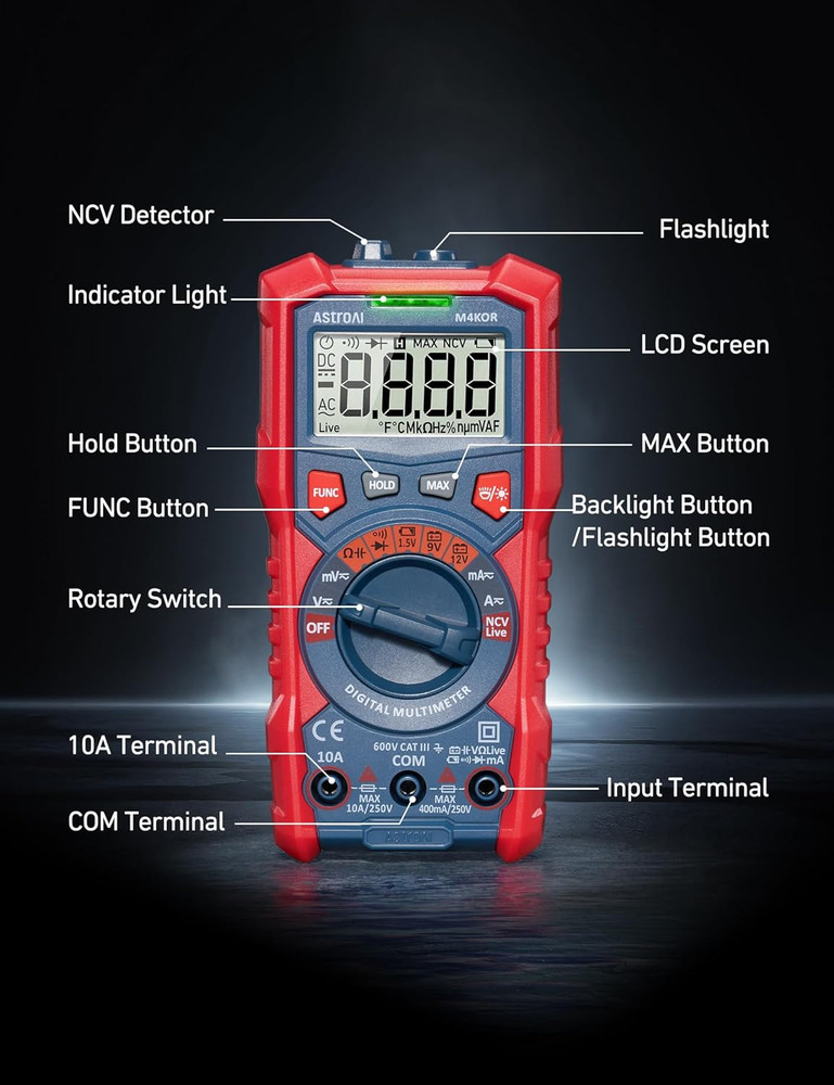 Astroai Multimeter Tester, TRMS 4000 Counts Volt Meter Auto-Ranging Ohmmeter Dig