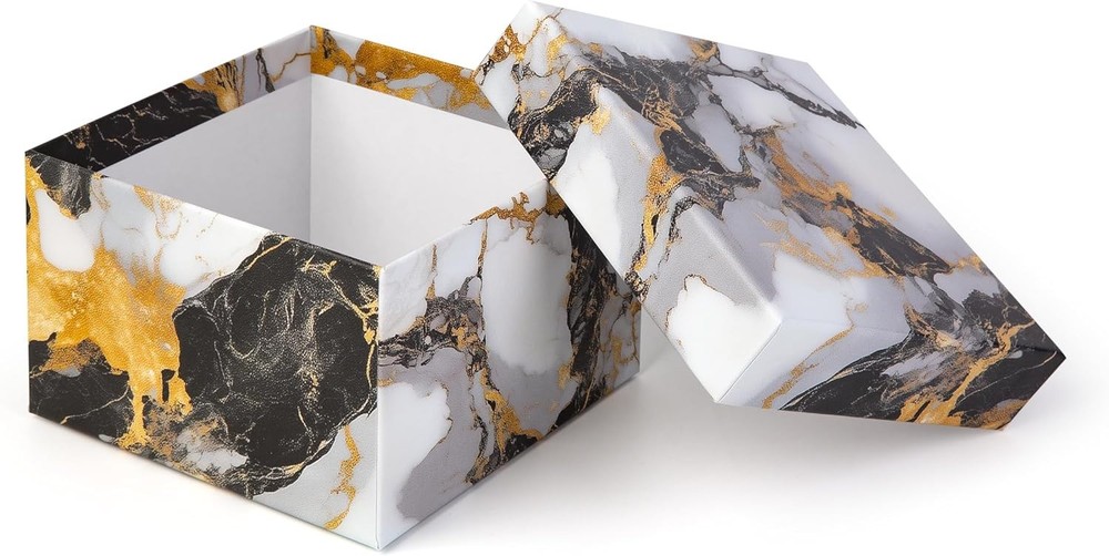 4 PC SET - Square Gift Boxes with Lids, Gold Black & White Marble, Nested Boxes