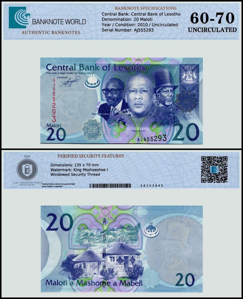 Lesotho 20 Maloti, 2010, P-22a, UNC, Authenticated Banknote