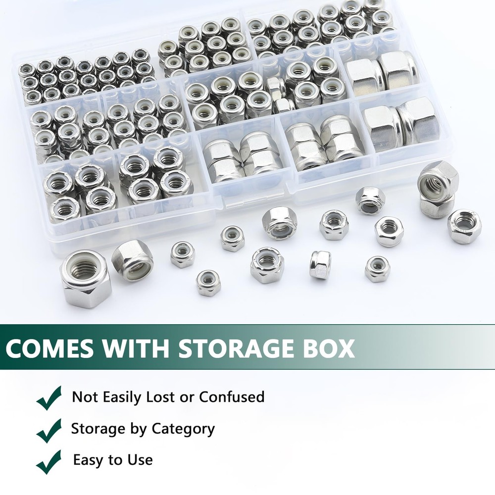 SAE Lock Nuts Assortment Kit, 220PCS Nylon Insert Nut Sets, 304 Stainless Ste...