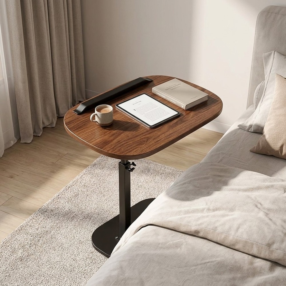 Swivel Walnut C-Shaped Side Table Height Adjustable End Table for Sofa with Slot