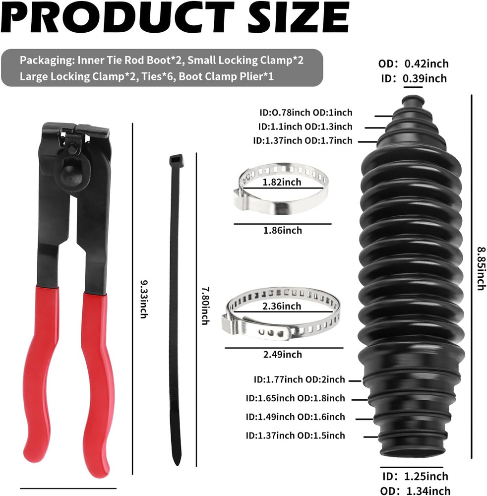 2PCS Inner Tie Rod Boot KitMulti-Size Adjutable Rack and Pinion Boot Kit with P