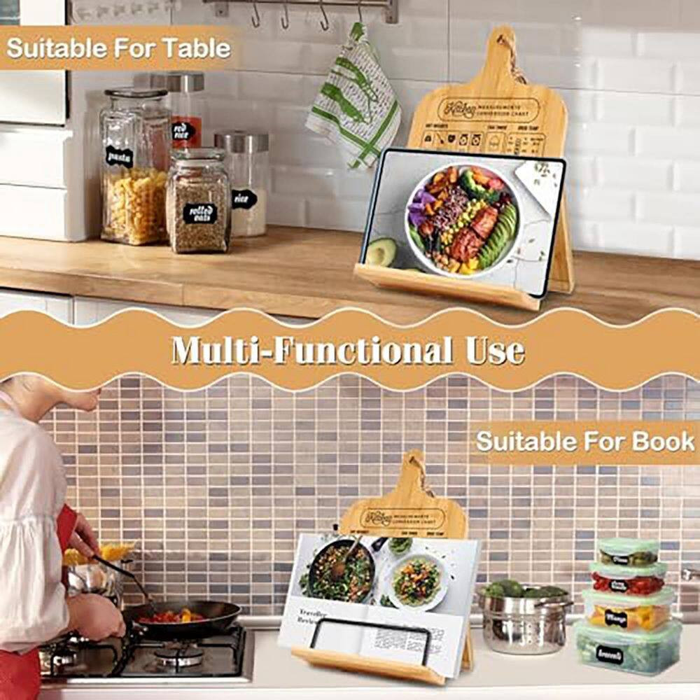 Bamboo Adjustable Recipe Stand Organizer with Conversion Chart Non-Slip Counter