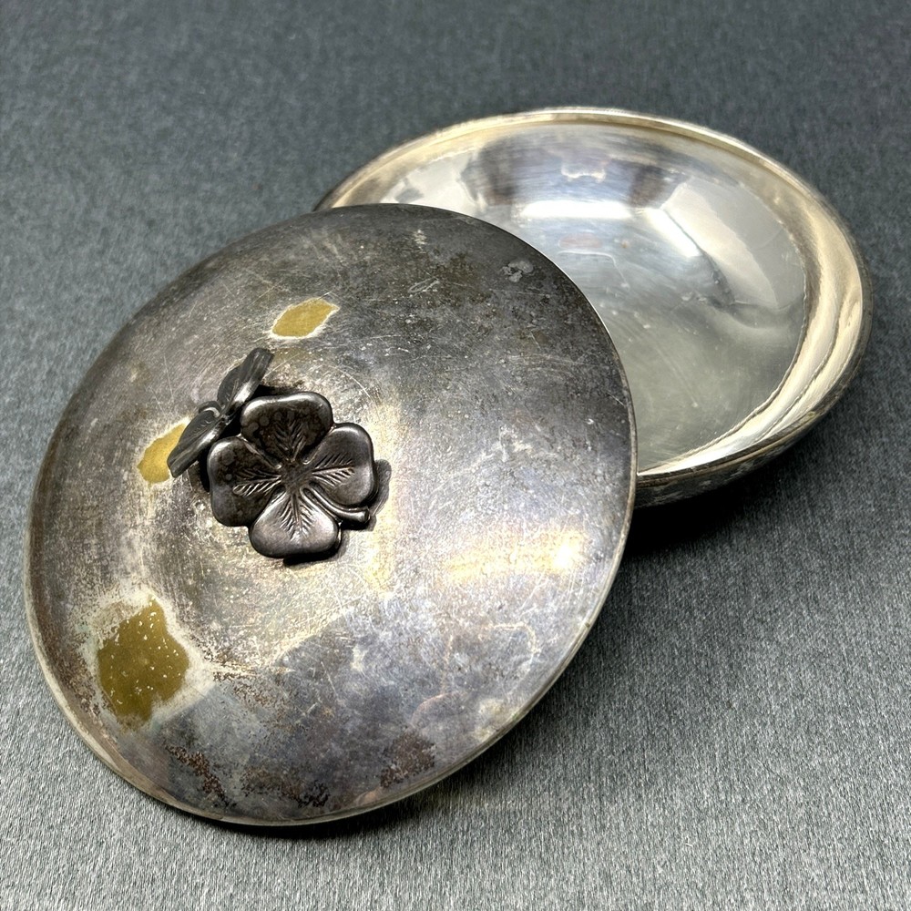 Vintage El De Uberti Italy Silver Plate Lidded Bowl Clover Handle Aged Patina