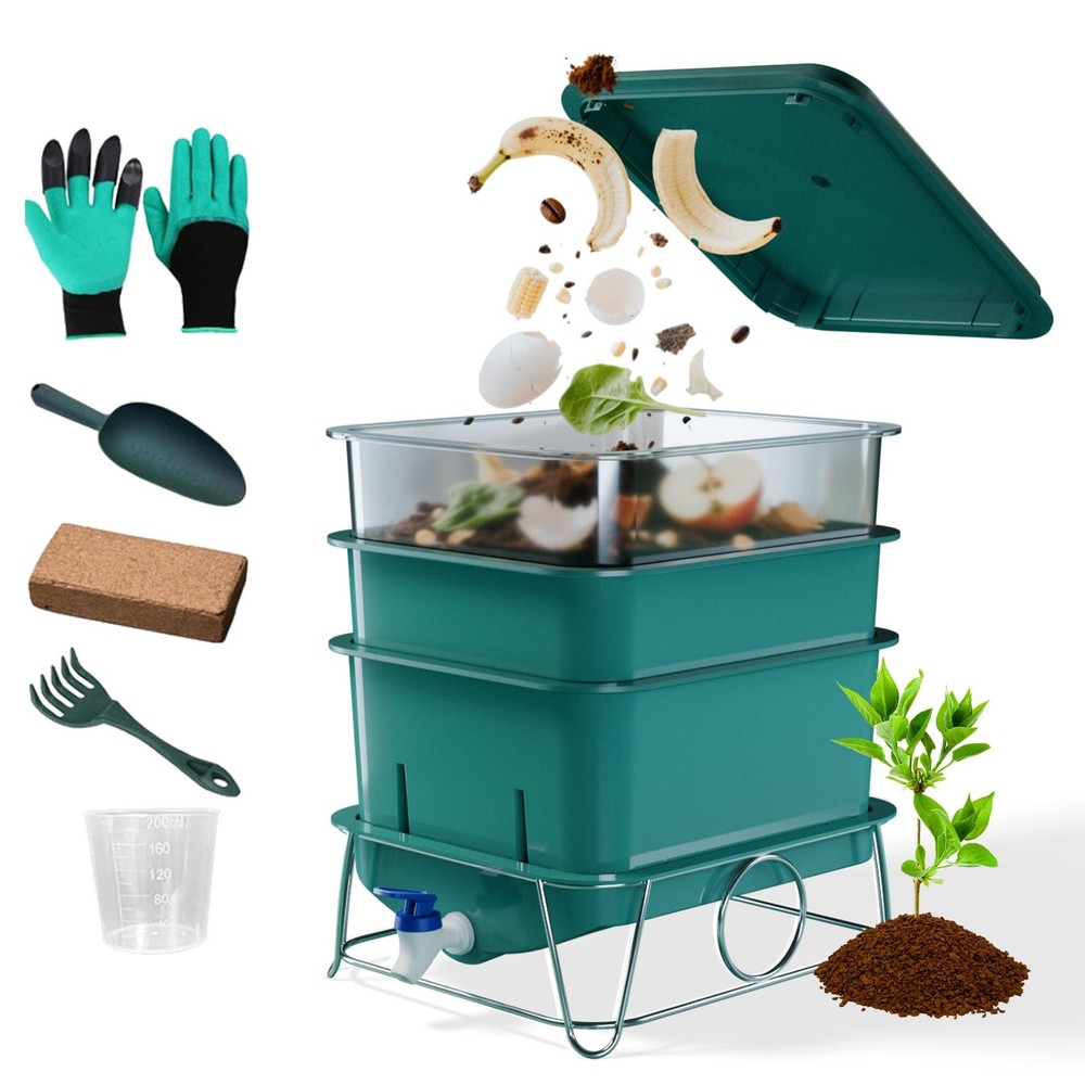 3-Tray 15L Worm Farm Composting Bin with Tool Set - Efficient Indoor/Outdoor ...