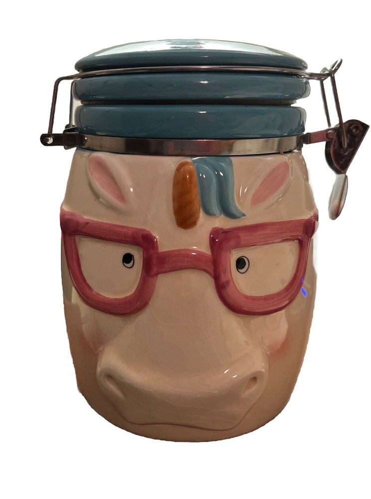 Unicorn:Hinged Earthenware Teal Blue Jar Today will be Magical