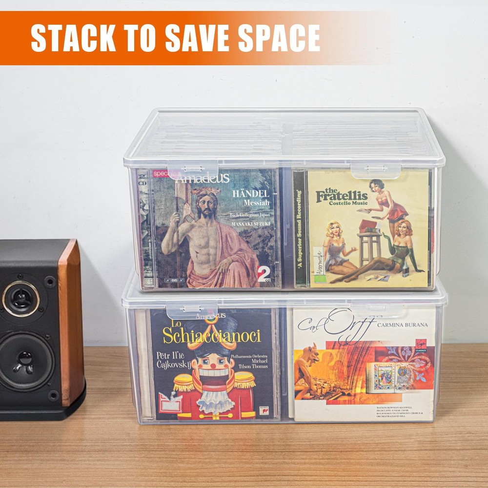 CD Storage Box, Stackable Clear Plastic Organizer 12.5 x 9 x 5.5 inches