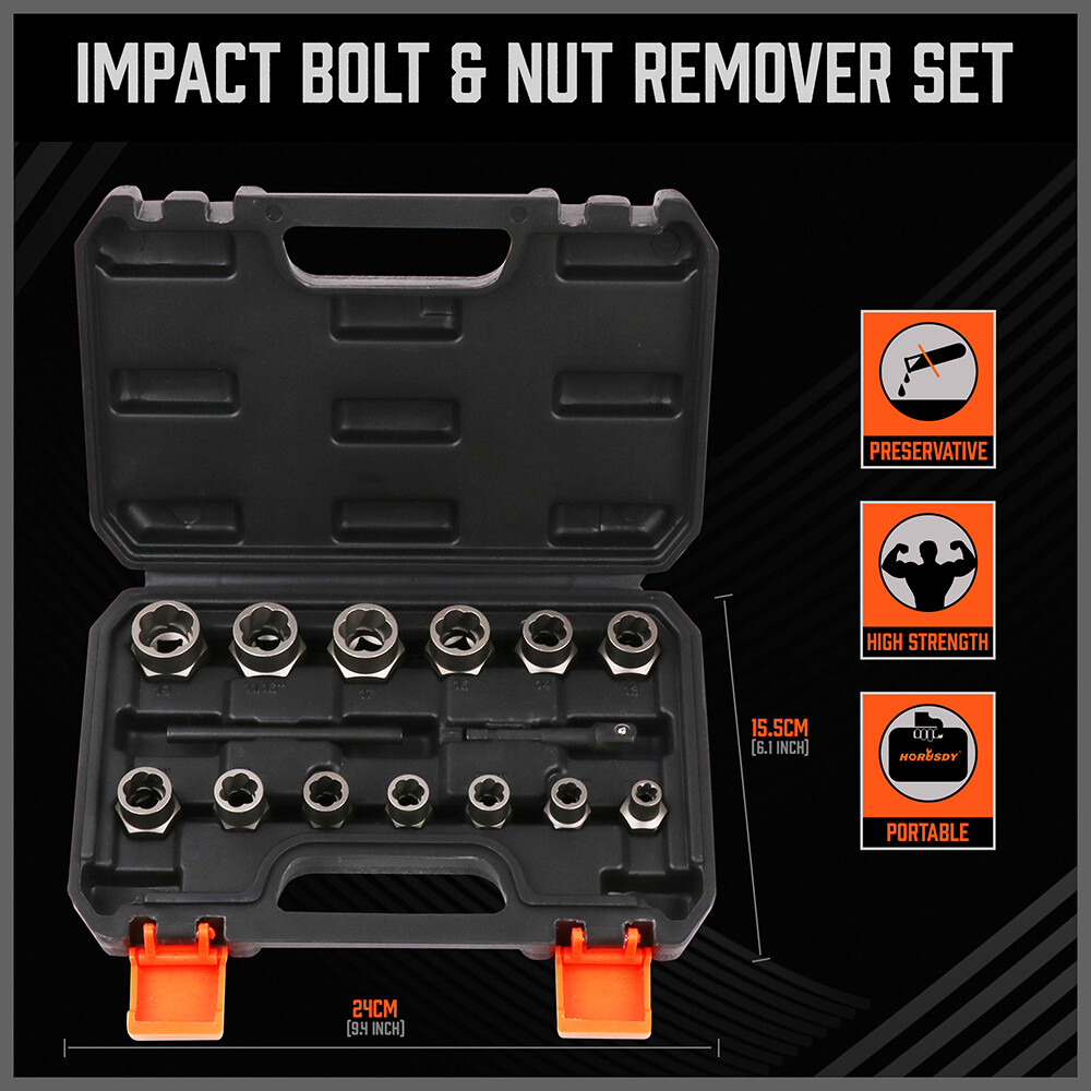 15PC Impact Bolt & Nut Remover Set Extractor Damaged Rusted Adapter Storage Case
