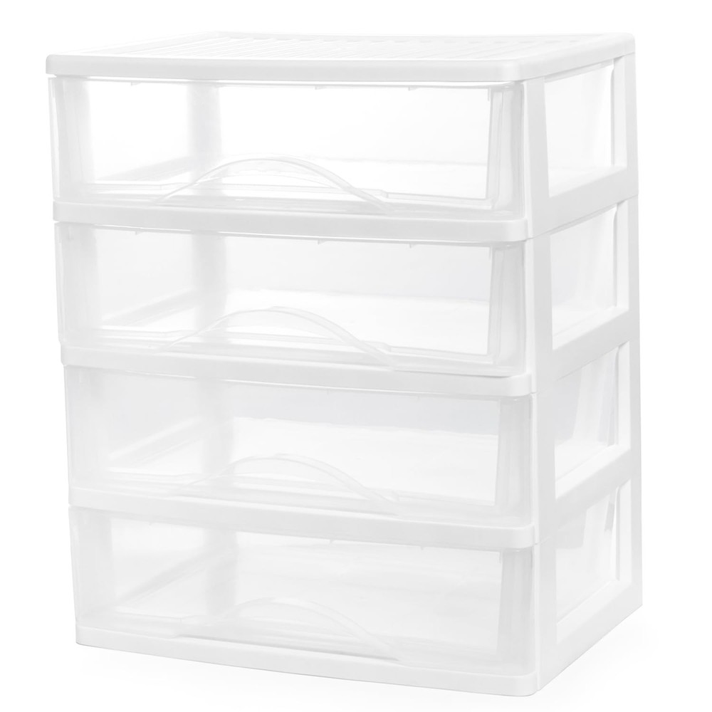 BYCY Plastic Stackable Storage 4 Drawers, White Bathroom Makeup Organizer wit...
