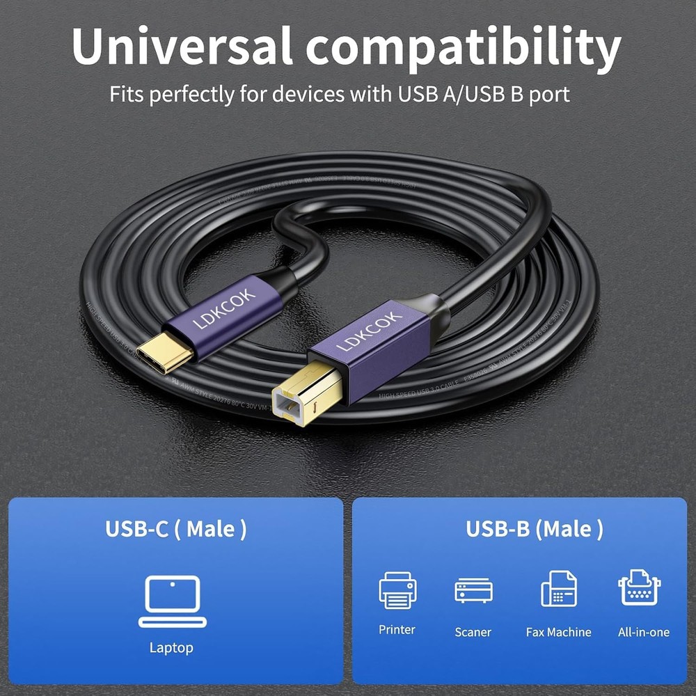 LDKCOK USB B to C Printer Cable 20FT, C MIDI Black