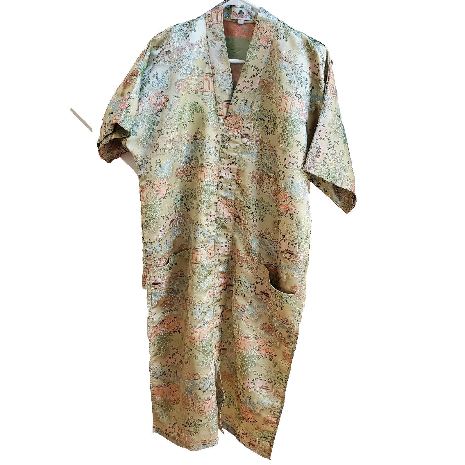 Greater Shanghai Hi-Low Kimono House Dress Vintage V-Neck Gold Brocade Size L