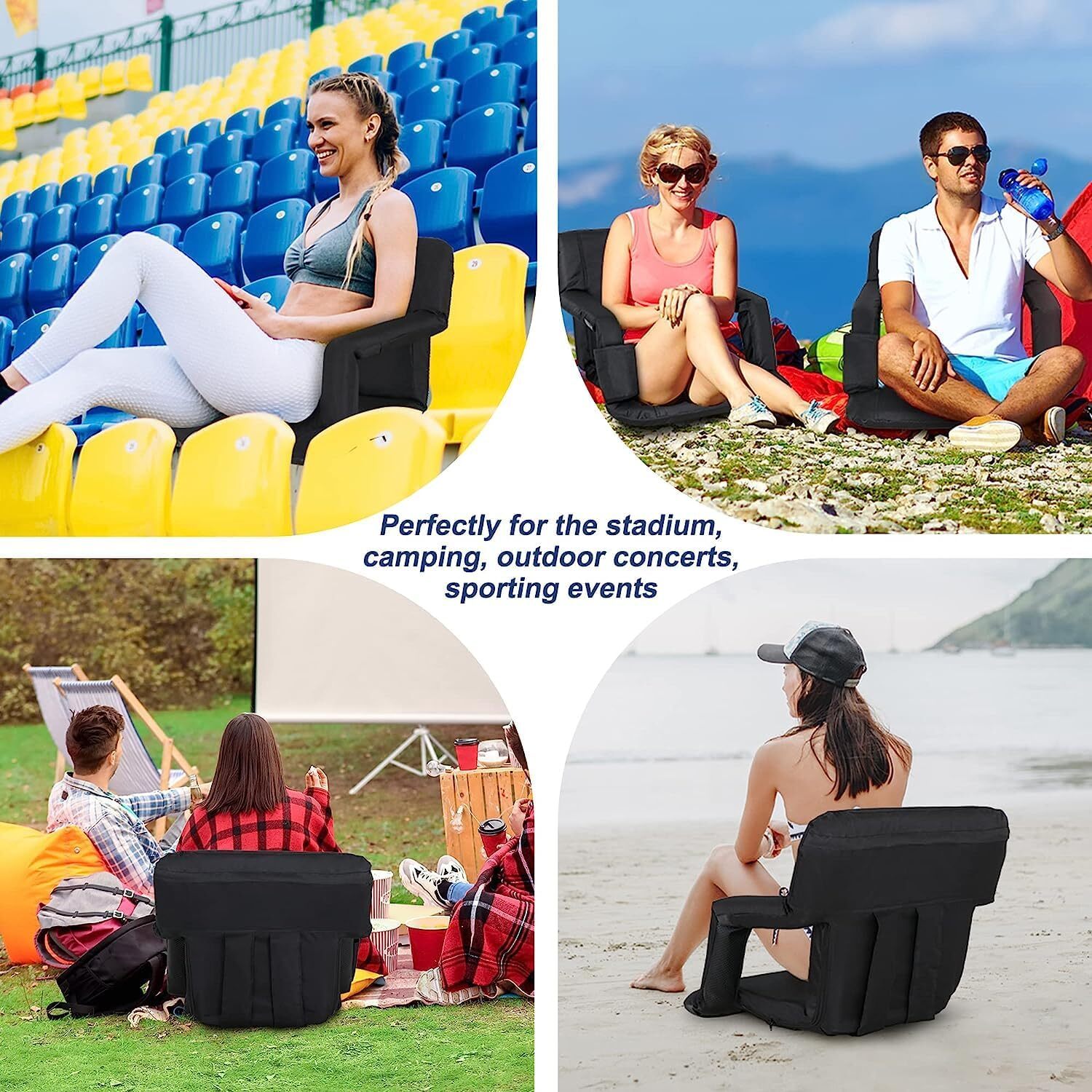 2 Pack Wide Stadium Seat for Bleachers w/Back Support Extra Thick Cushion Black