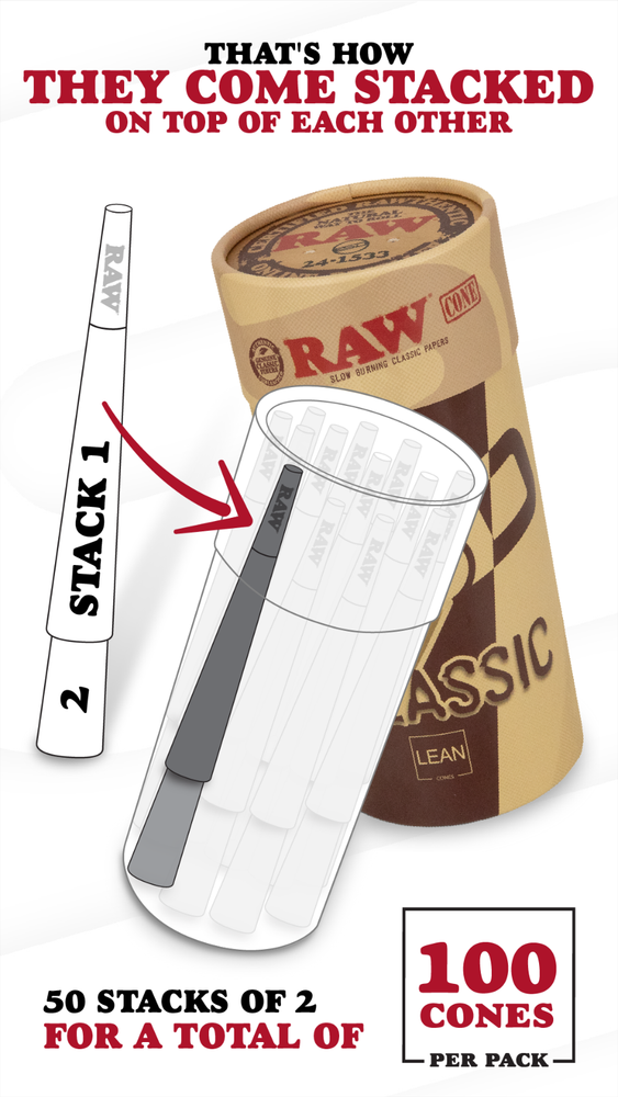 RAW Lean Cones | 100 Pack | Pre-Rolled Rolling Paper with Tips