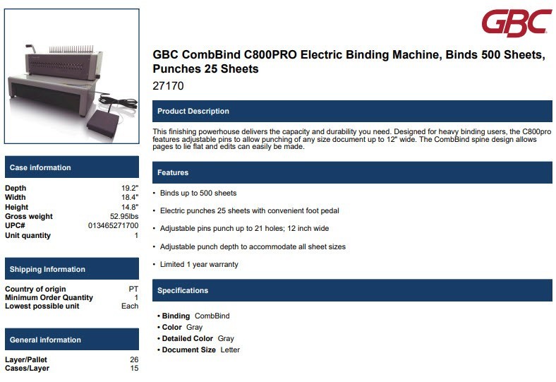 GBC CombBind C800PRO Electric Binding Machine, Binds 500 Sheets, Punches 25