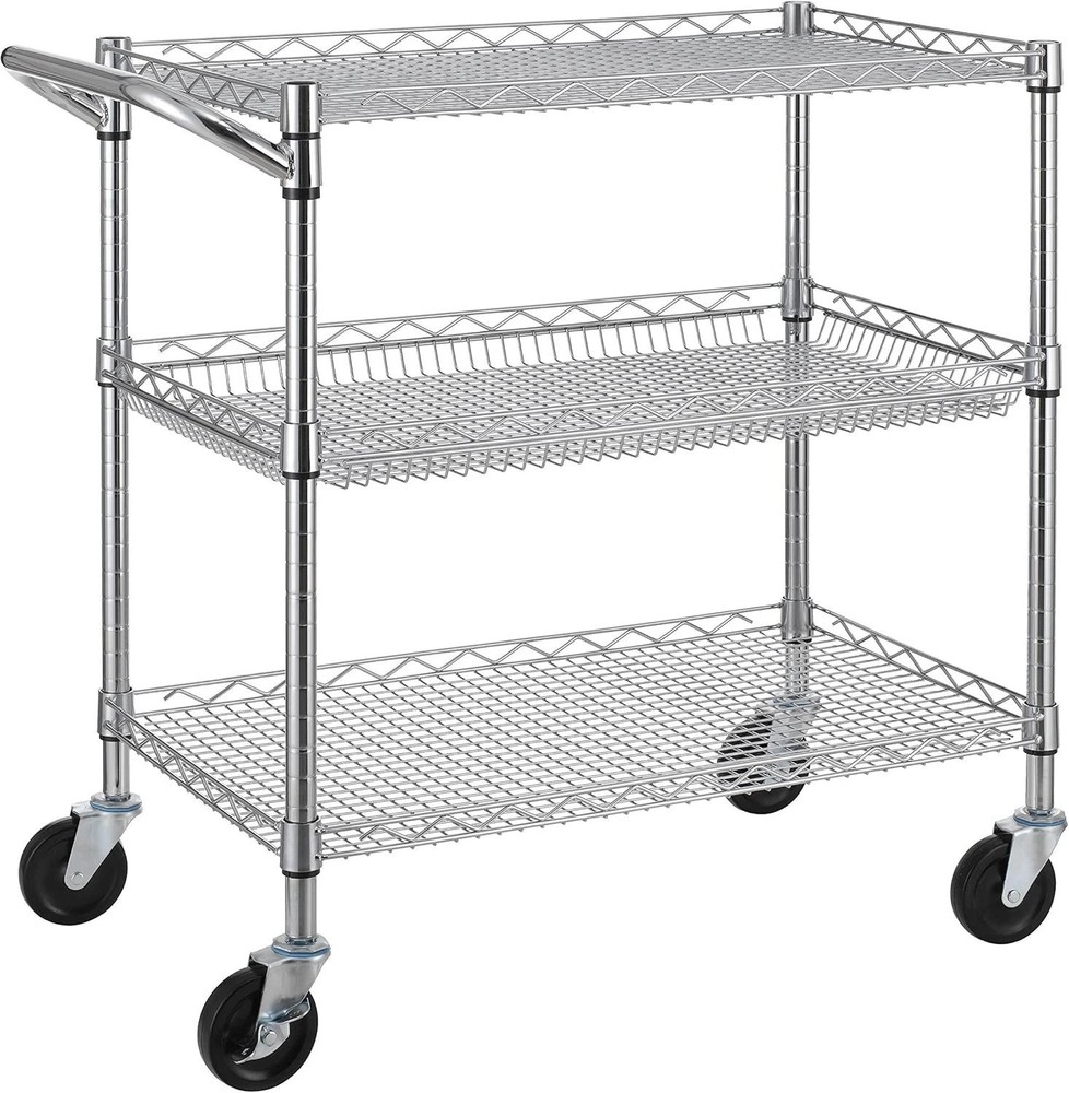 Durable 3 Tier Utility Cart with Push Handle - Ideal for Kitchen & Warehouse Use