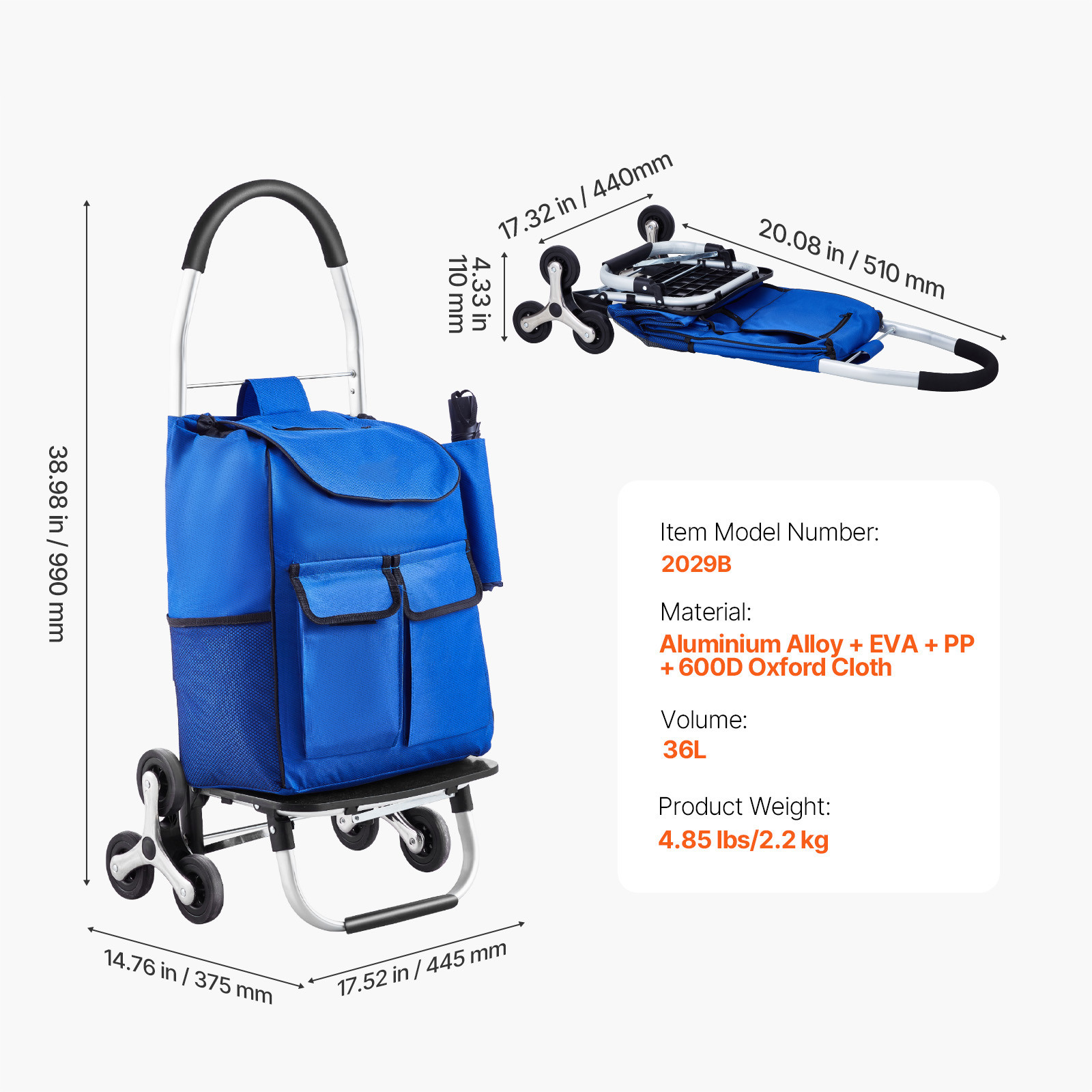 Stair Climbing Cart Foldable Shopping Cart 36L with 6 Wheels Storage Bag