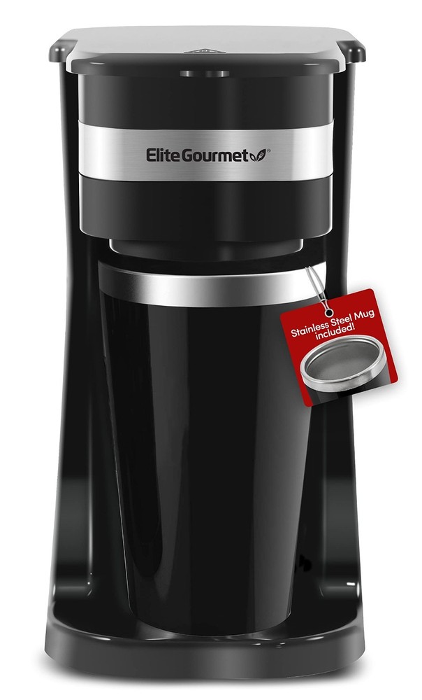 Compact Single-Serve Coffee Maker with 14oz Thermal Mug, Reusable Filter, Black