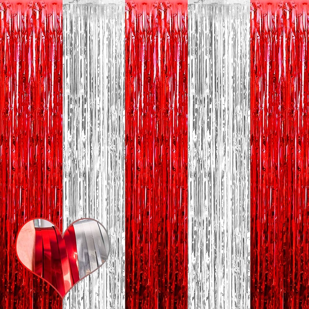 4 Pack 3.2 x 8.2 Ft Red Silver Fringe Curtain Backdrop Circus Decor