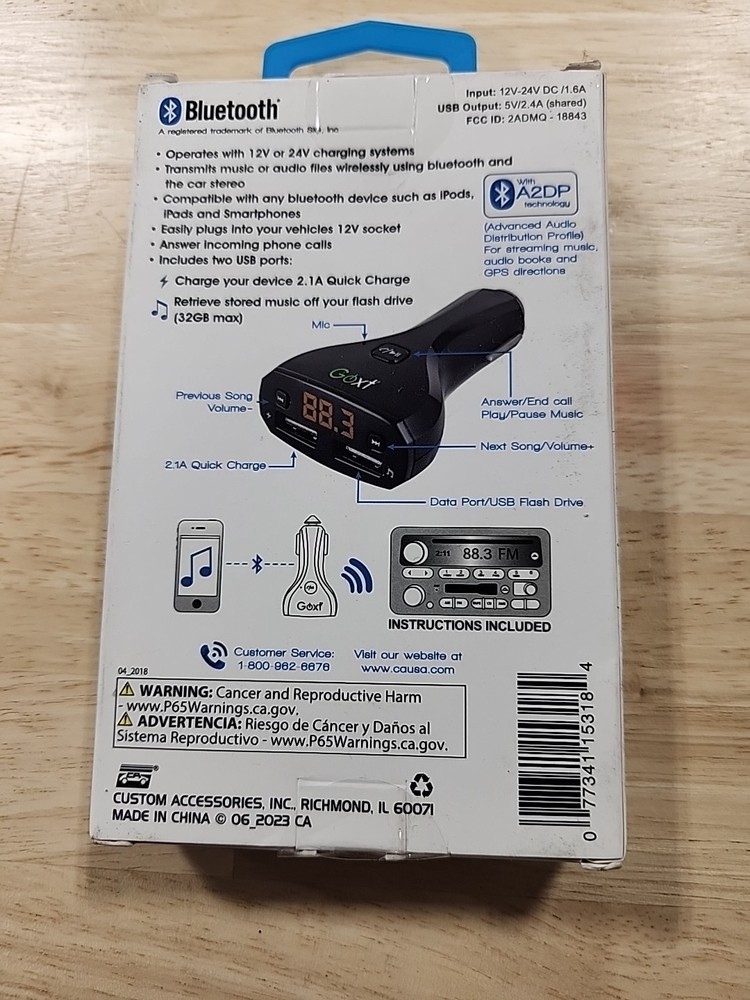 Direct Plug Bluetooth/fm Transmitter 18843 Small Fast Charge Built In Mic